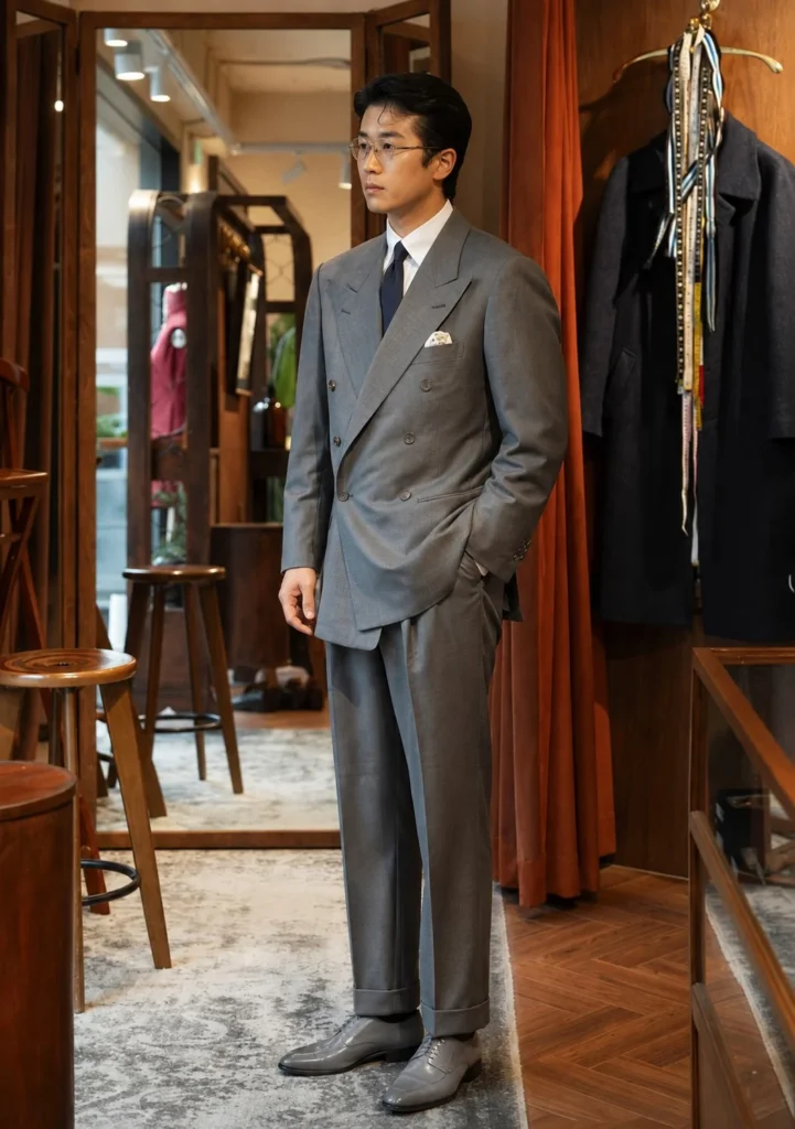 Grey suede shoes creating a stylish monochrome outfit with grey trousers.