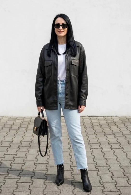 Leather jacket with blue jeans and Chelsea boots