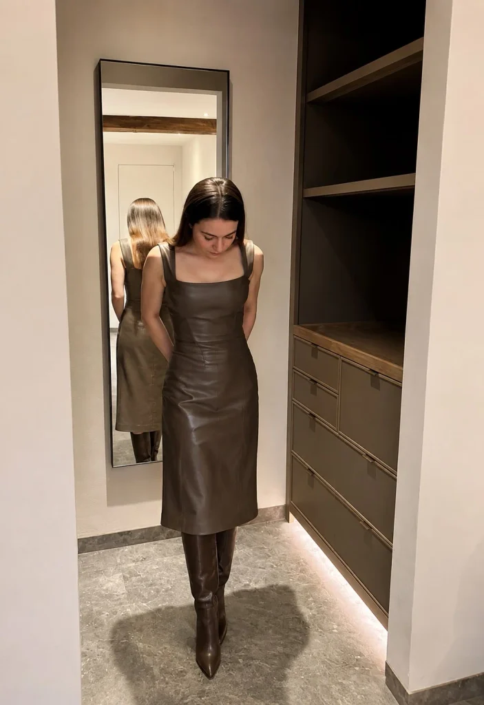 Autumn midi dress with knee-high riding boots