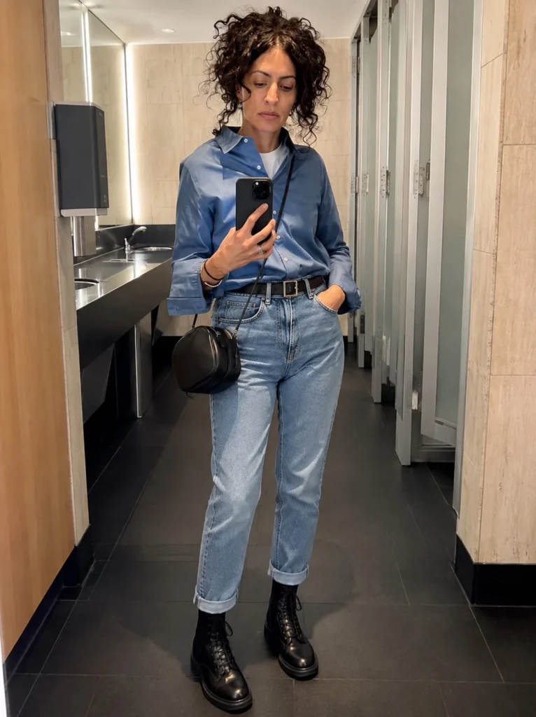 Mom jeans with lace-up boots and a cozy cardigan