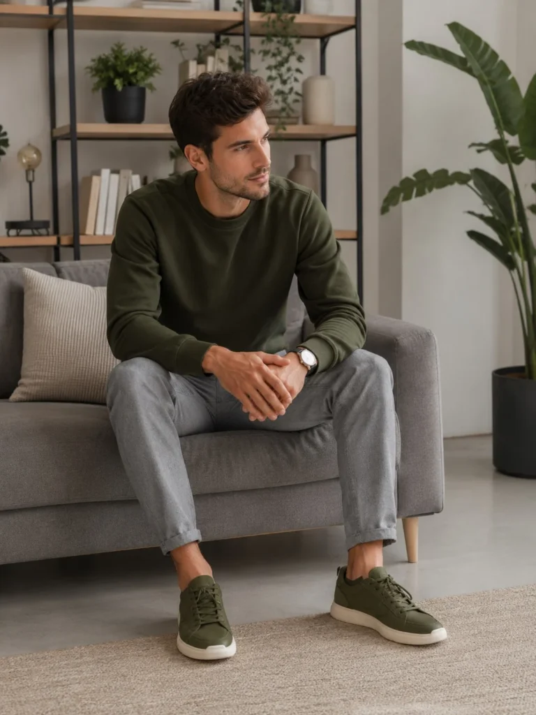 Olive green sneakers styled with casual grey chinos and a neutral sweatshirt.