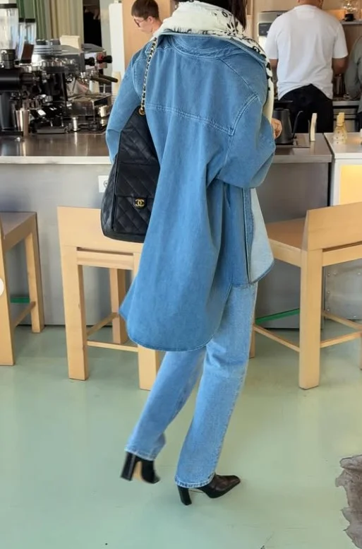 Oversized denim button down shirt with straight leg jeans