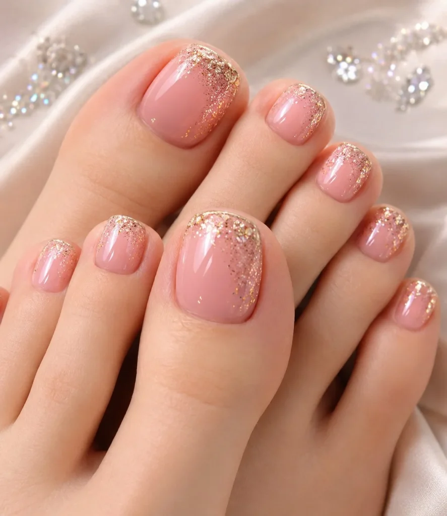 Rose pink toenails with delicate gold accent details