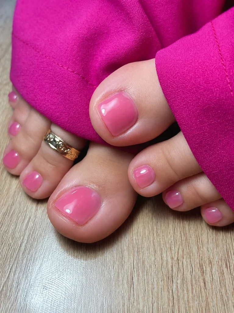 Sheer pink jelly toenails with a translucent glass-like finish