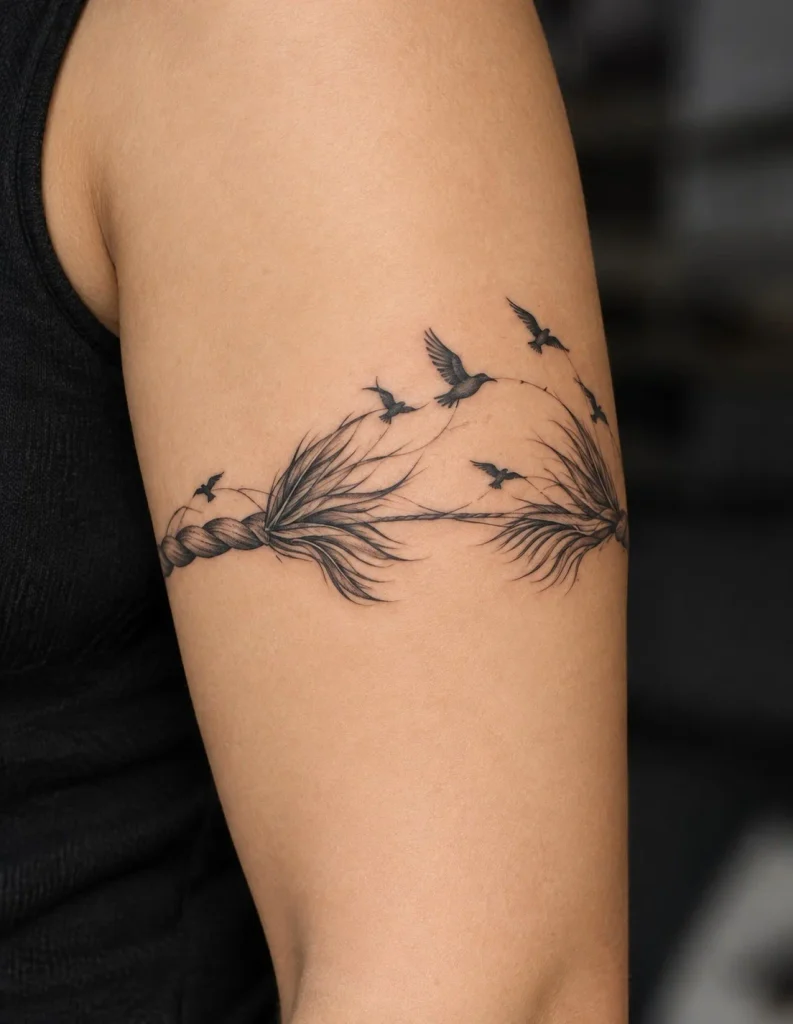 Birds in flight bicep wrap tattoo with several birds moving around the upper arm