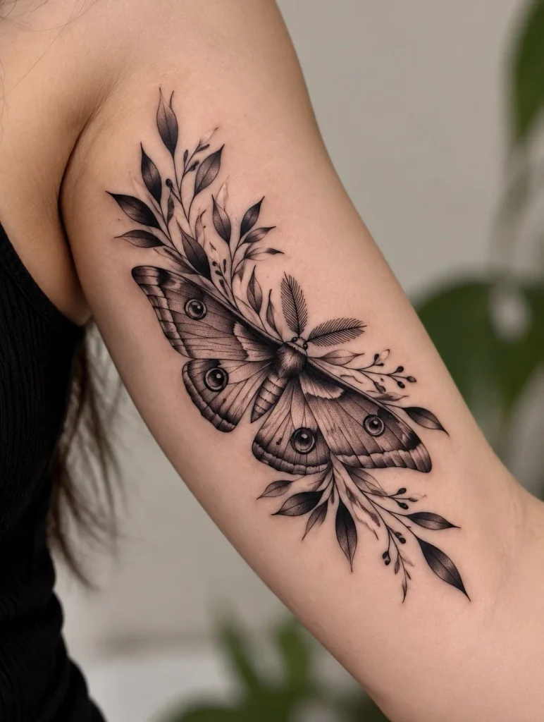 Black and grey moth tattoo with detailed wings on the inner upper arm