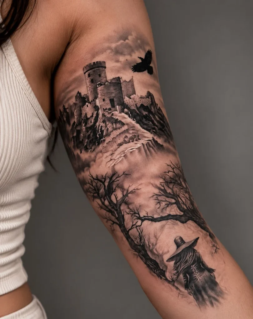 Black and grey mountain landscape tattoo on the inner upper arm