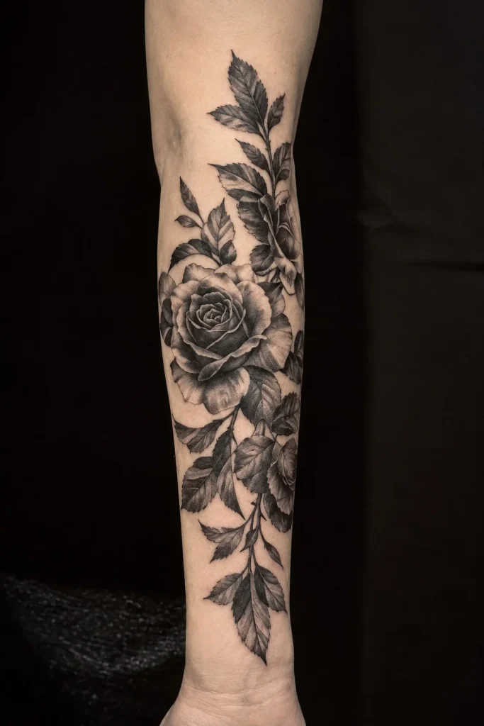 Upper forearm tattoo women black-and-grey rose with long stem