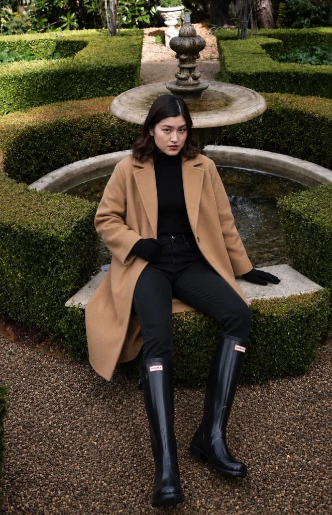 Black jeans camel coat and black Hunter boots