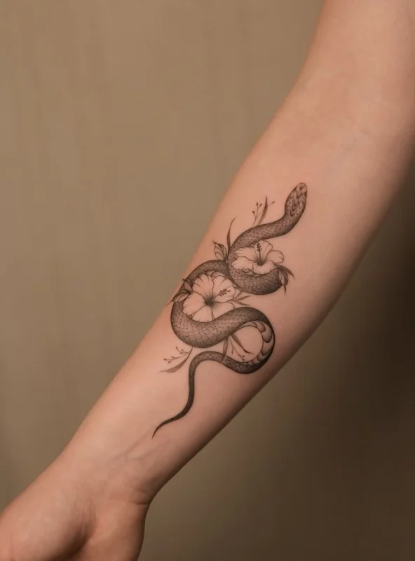 Botanical snake tattoo winding through flowers along the inner forearm