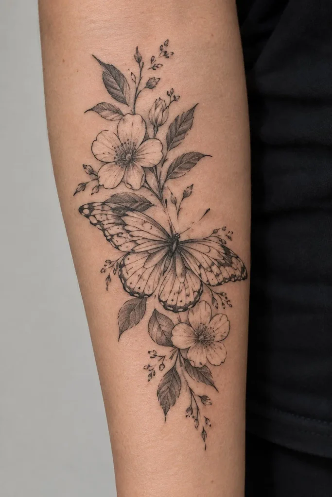 Upper forearm tattoo women butterfly with botanical details