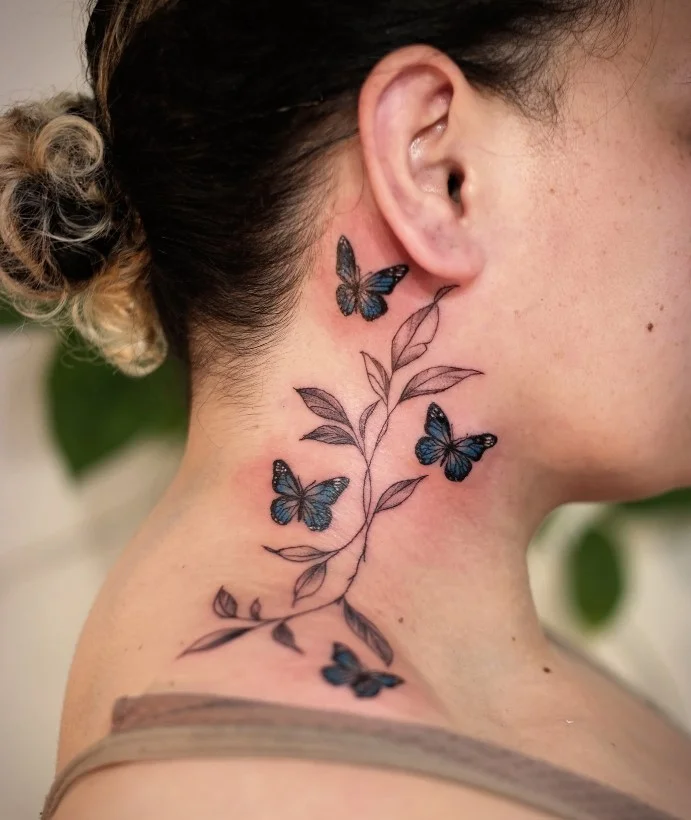 Butterfly and flower neck tattoo combining delicate botanical elements
