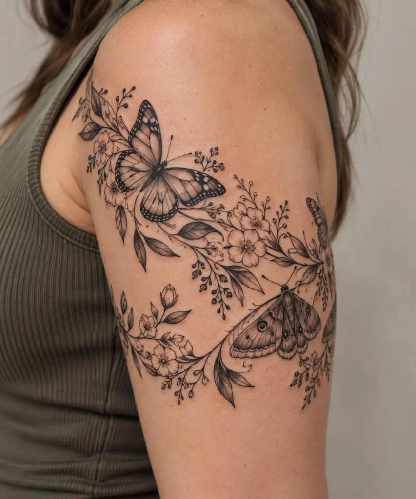 Butterfly and moth bicep wrap tattoo with delicate wings and botanical details