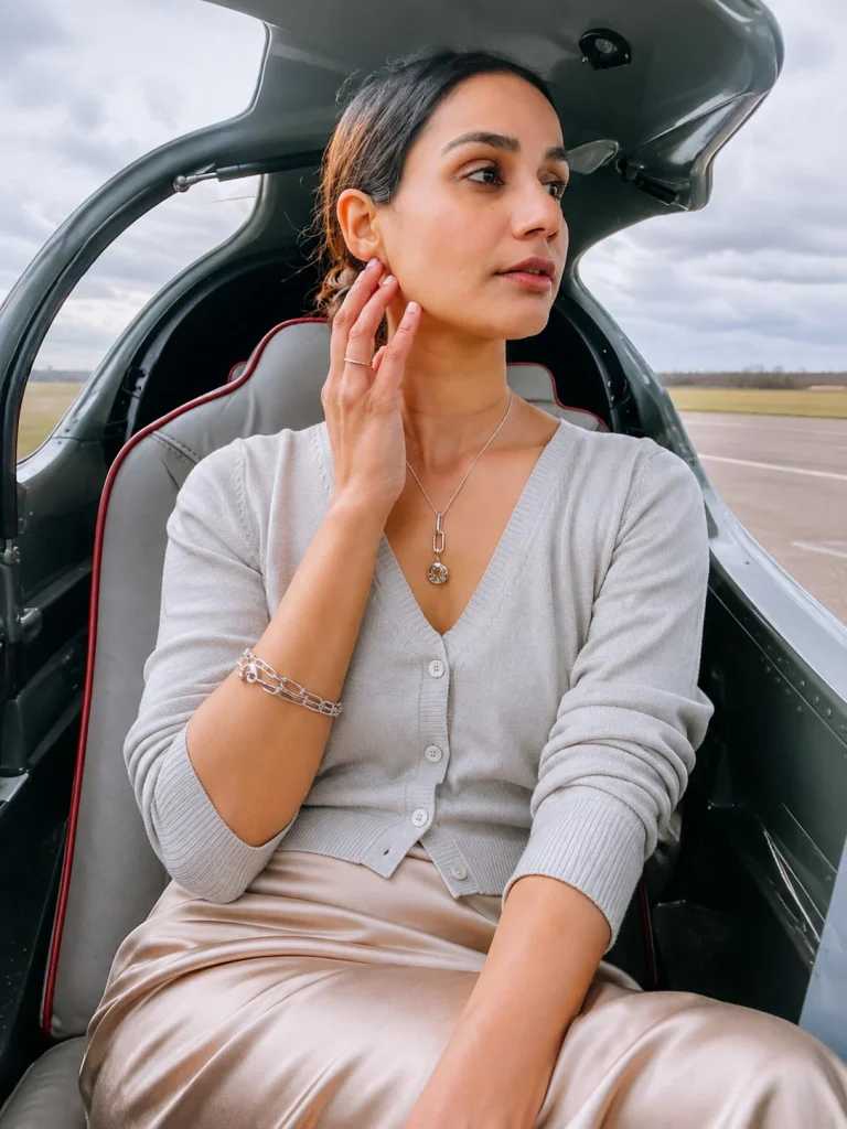 Woman wearing a Pandora bracelet with a cardigan and satin skirt