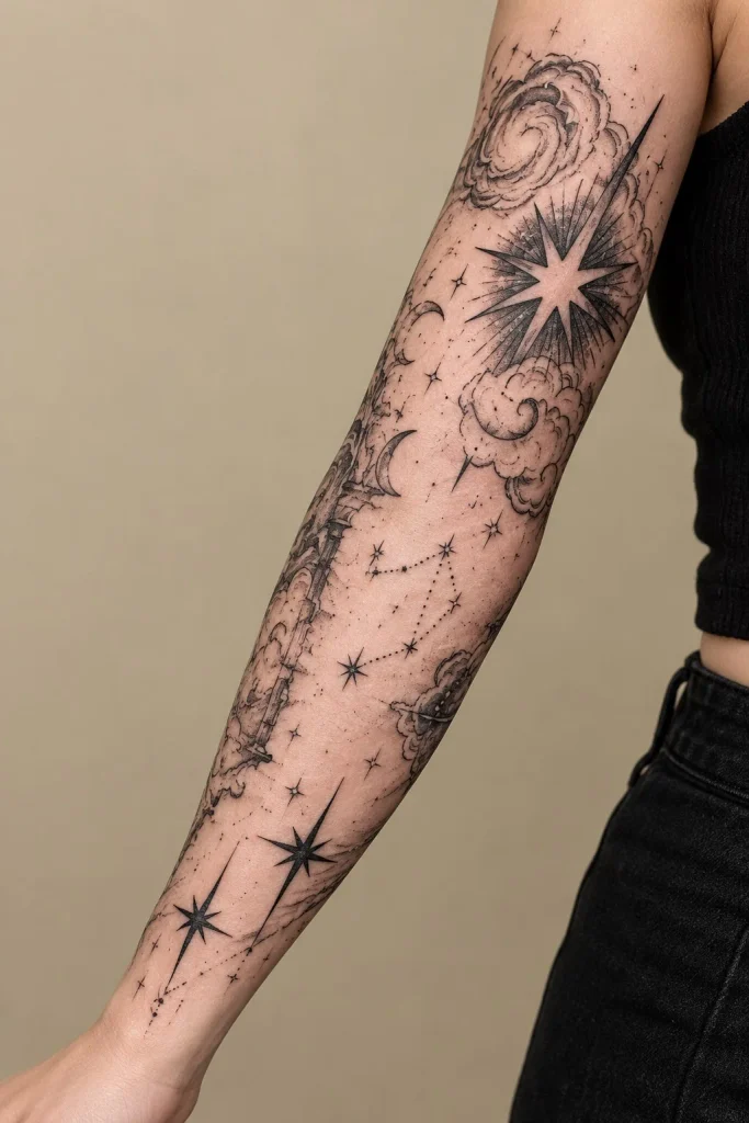 Celestial constellation and galaxy arm wrap tattoo with stars, planets, and cosmic details