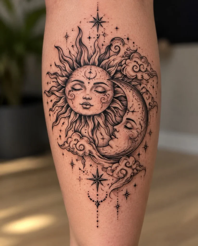 Celestial sun and crescent moon calf tattoo for women