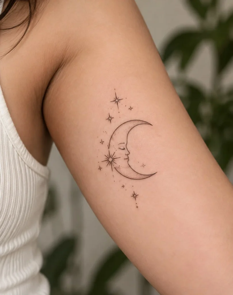 Crescent moon and stars tattoo arranged vertically on the inner upper arm