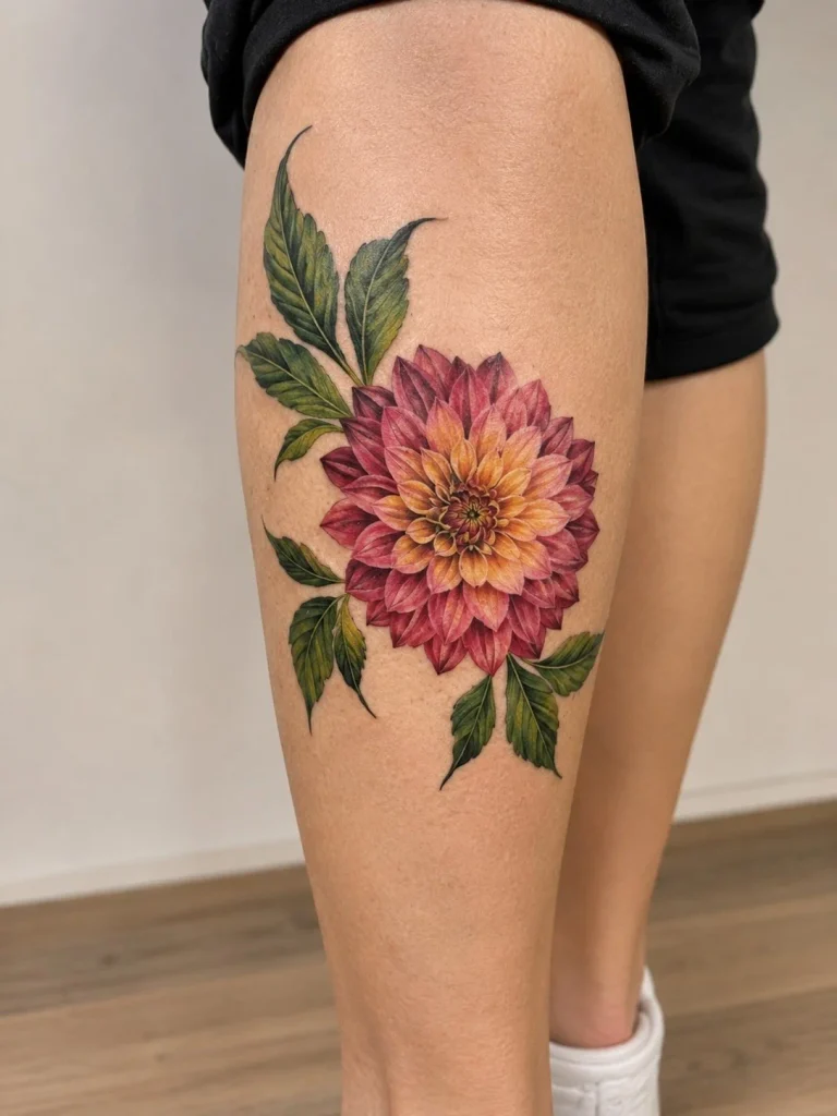 Dahlia and ornamental calf tattoo with elegant decorative linework