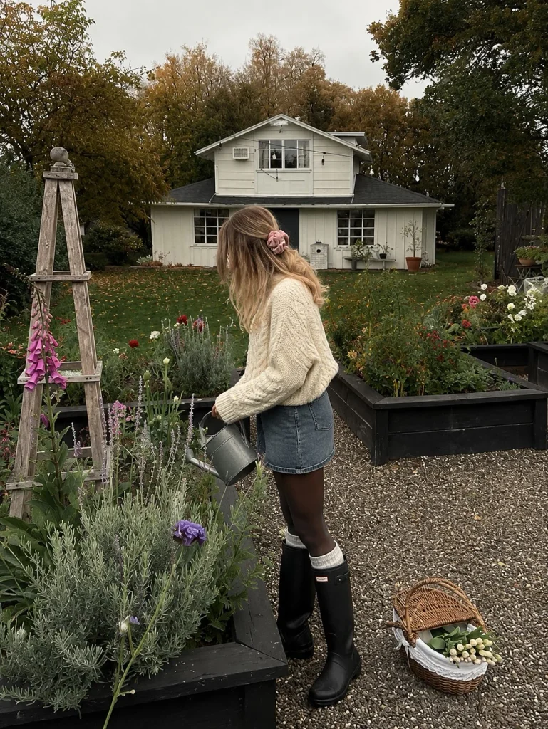Denim skirt cable-knit sweater and Hunter boots