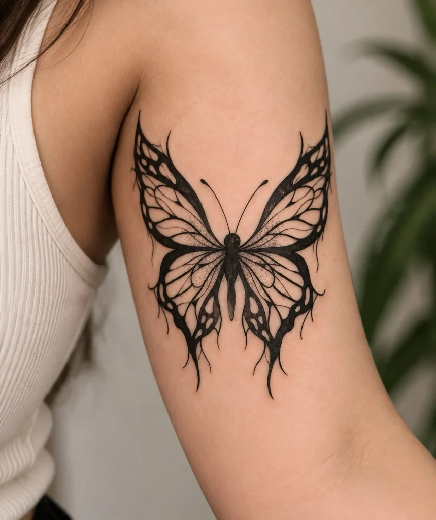 Detailed butterfly tattoo with patterned wings on the inner upper arm