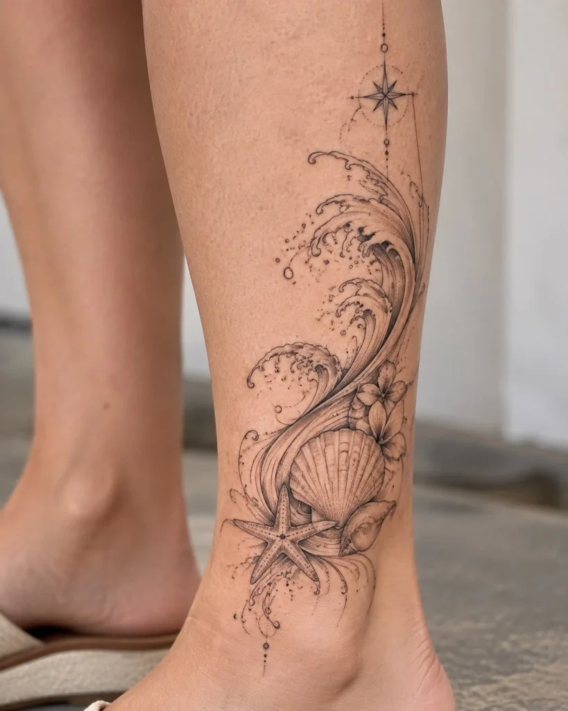 Fine-line coastal wave and shell lower leg tattoo for women