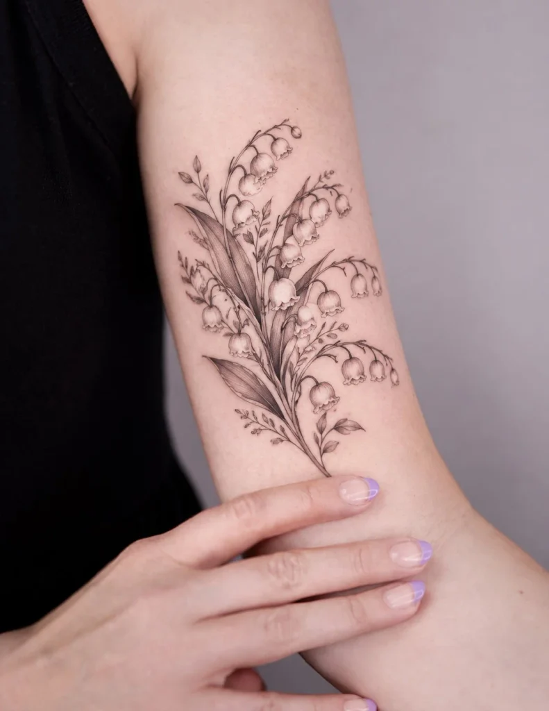 Fine-line lily of the valley tattoo with a slender stem on the inner upper arm
