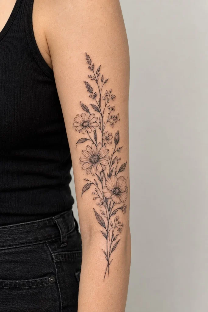 Upper forearm tattoo women fine-line wildflower stem