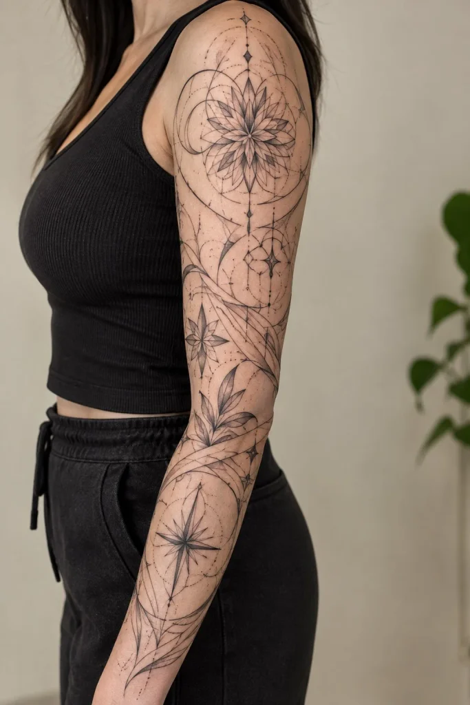 Geometric linework wrap around arm tattoo with circles, angles, and clean patterns