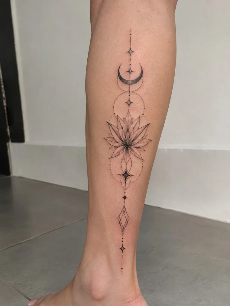 Geometric lower leg tattoo with clean lines and modern shapes