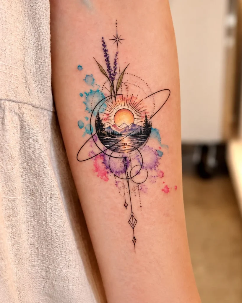 Geometric sun tattoo with clean symmetrical lines on the inner upper arm