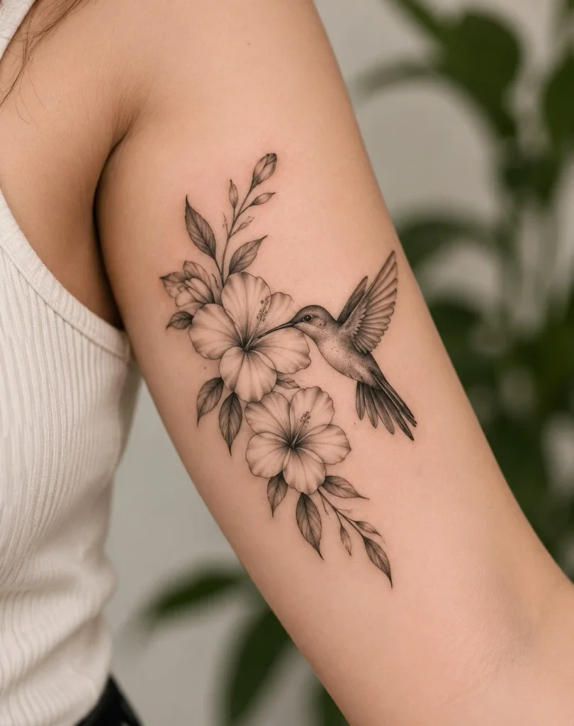Hummingbird and flower tattoo with delicate fine-line details on the inner upper arm