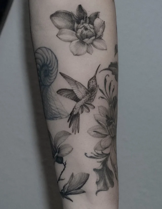 Upper forearm tattoo women hummingbird and flower tattoo