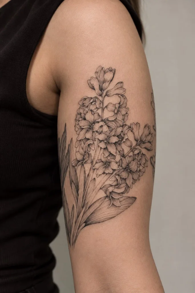 Hydrangea wrap around bicep tattoo with detailed petals and botanical leaves