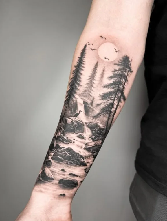 Upper forearm tattoo women illustrative nature scene tattoo