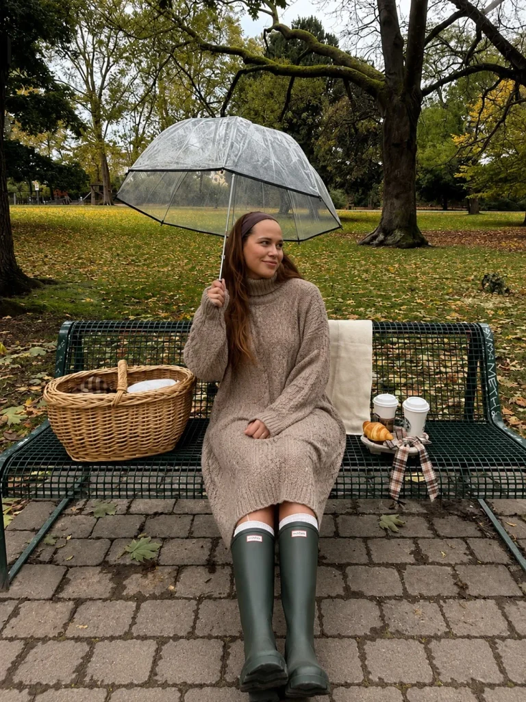 Knit midi dress and Hunter boots winter outfit