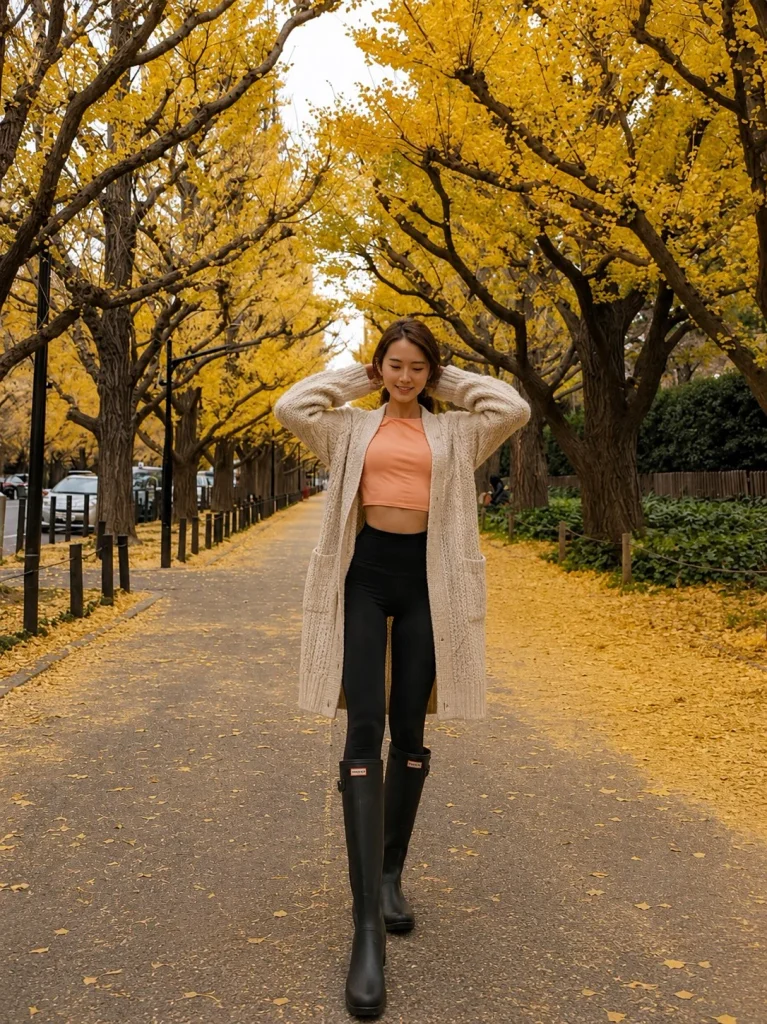 Long cardigan leggings and Hunter boots winter outfit
