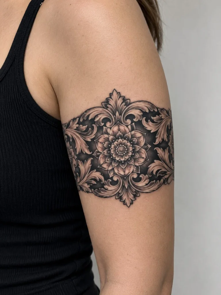 Mandala and ornamental filigree bicep wrap tattoo with intricate symmetrical details
