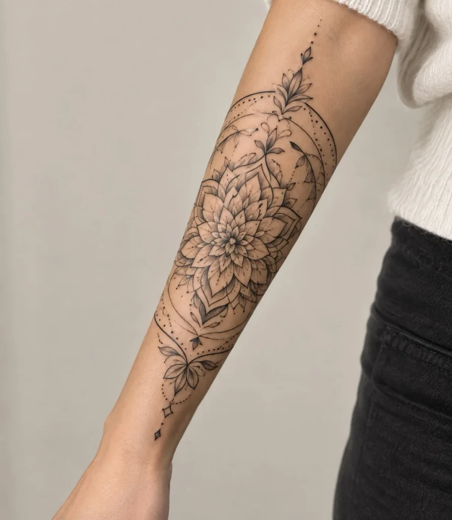 Detailed mandala with ornamental patterns extending around a woman's forearm