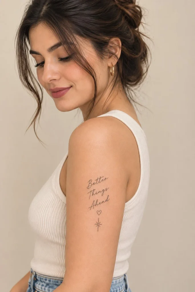Meaningful word tattoo on the upper arm with elegant lettering