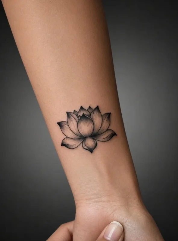 Minimal lotus tattoo with clean linework centered on the inner forearm