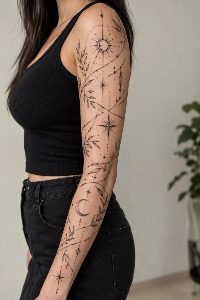 Minimalist symbol and line arm wrap tattoo with delicate continuous linework