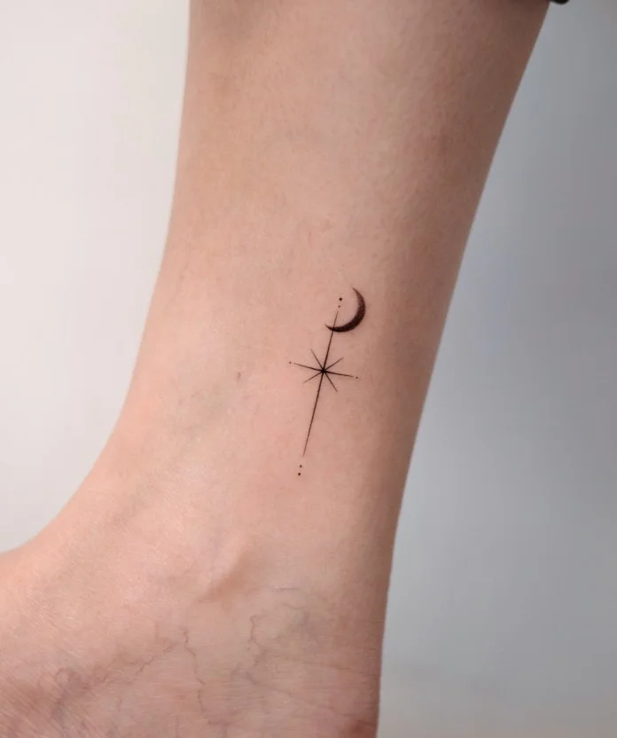 Moon and stars lower leg tattoo arranged in a delicate vertical design