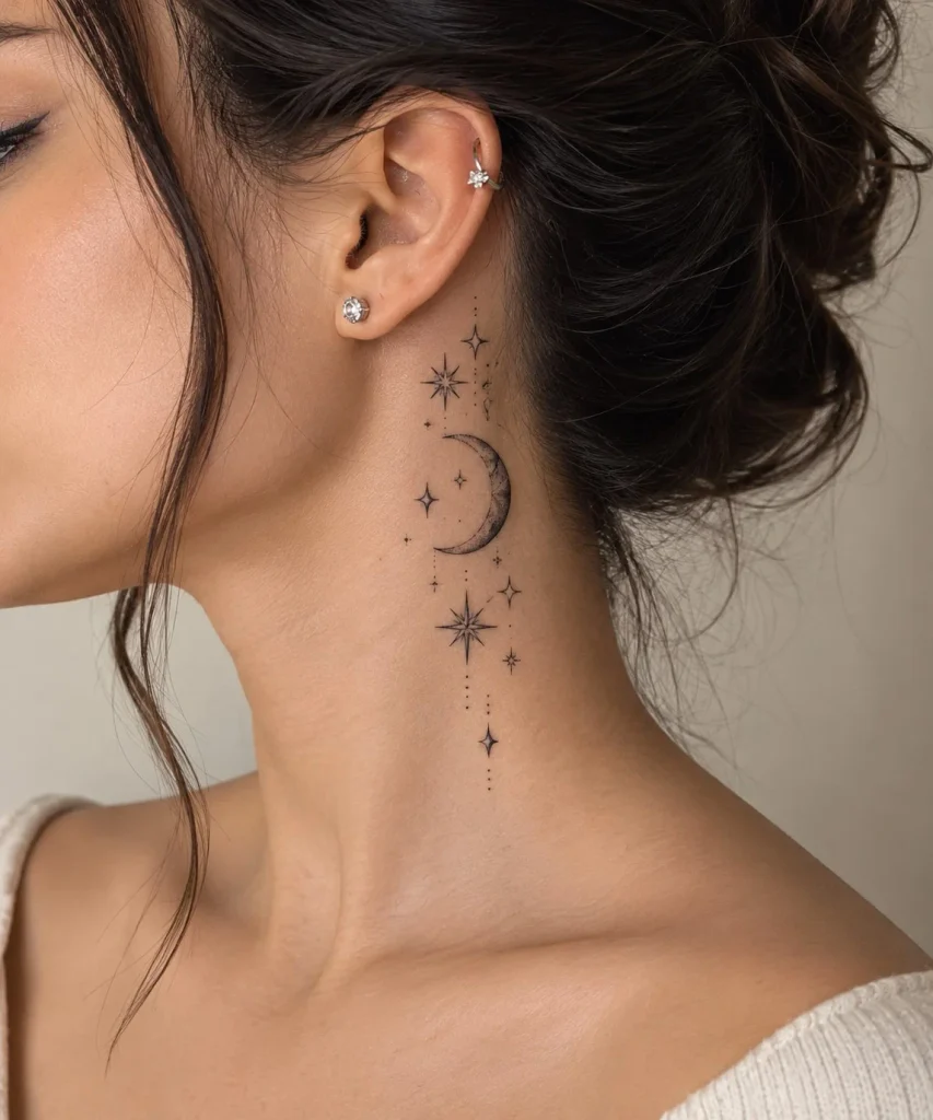 Crescent moon and stars neck tattoo with a delicate celestial design