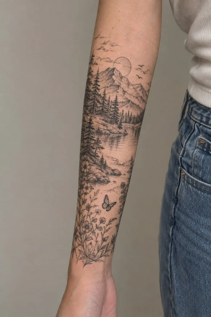 Mountain, trees, moon, and birds forming a detailed nature scene wrapping around a woman's forearm