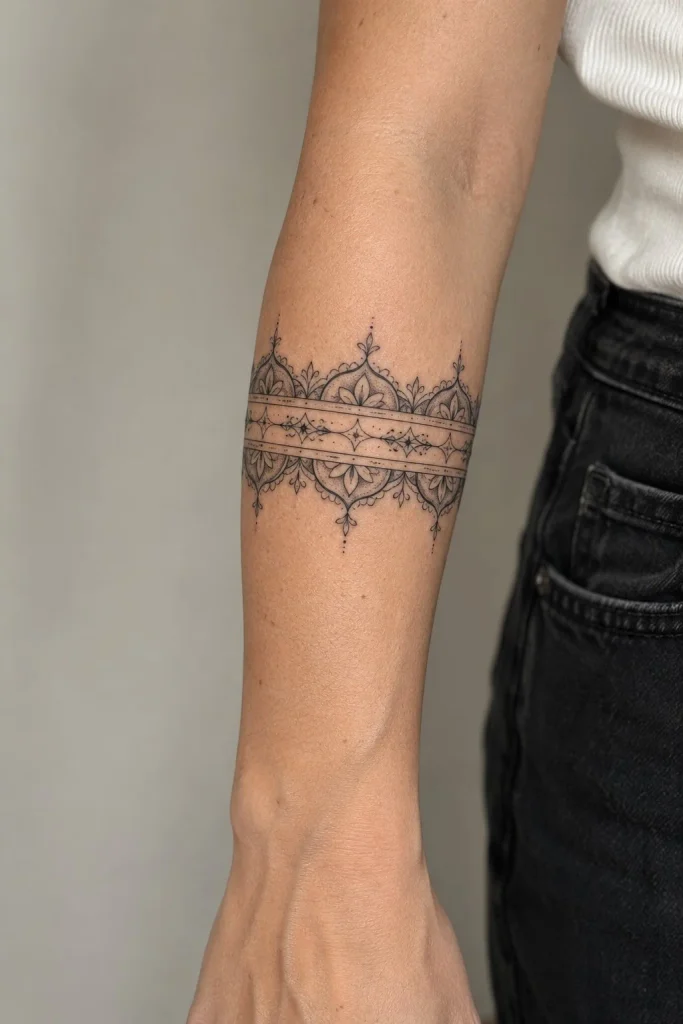 Intricate ornamental band with symmetrical lines and decorative details wrapping around a woman's forearm