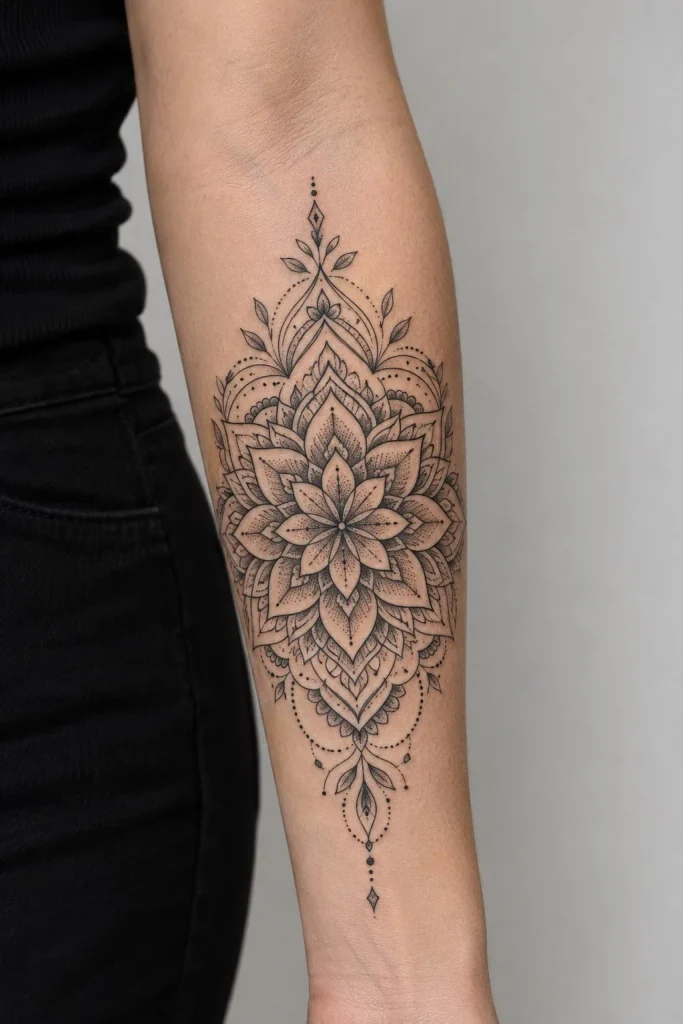 Upper forearm tattoo women ornamental mandala tattoo