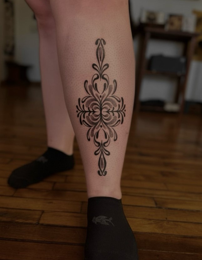 Ornamental tattoo sock wrapping around a woman's lower leg