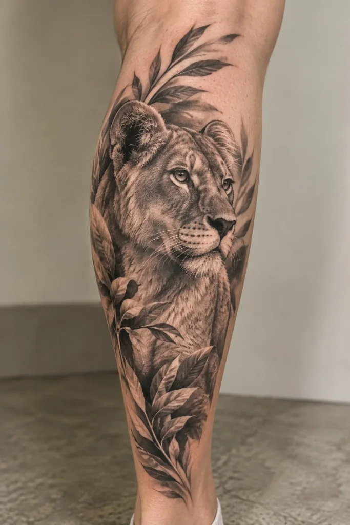 Realistic animal calf tattoo with detailed black-and-grey shading