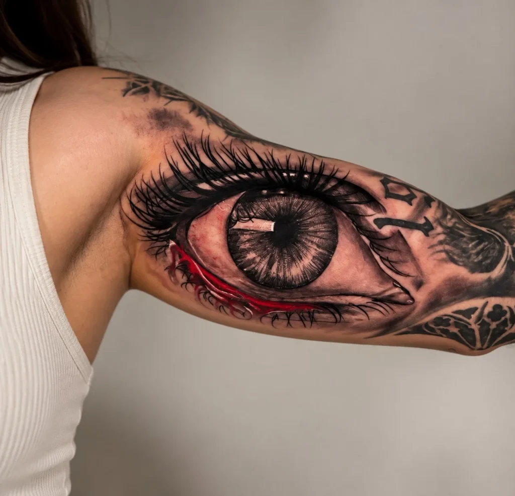Realistic eye tattoo with detailed shading on the inner upper arm