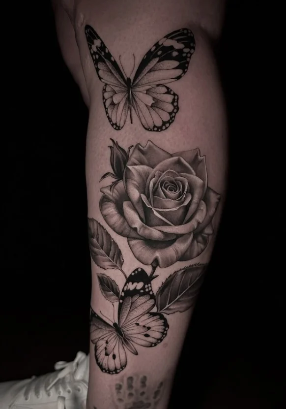 Rose and butterfly lower leg tattoo with delicate feminine details